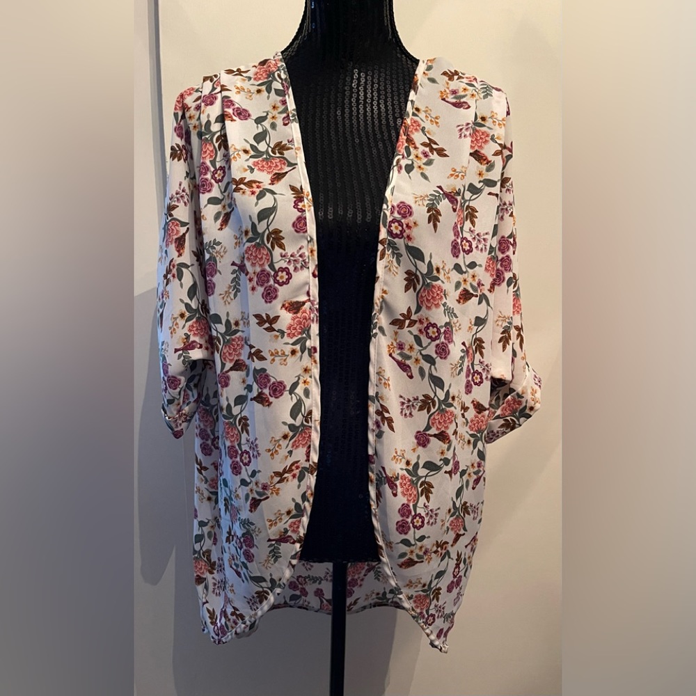 Teenbell Floral Bird Print Kimono Open Cardigan Top